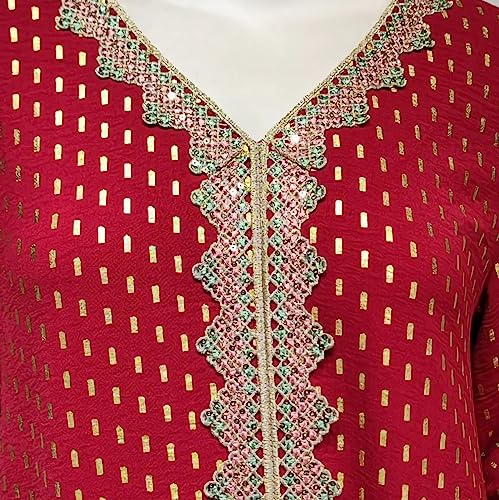 FPOVFPO Women's Muslim Abaya One-Piece V Neck Bronzing Dress Islamic Full Length Kaftan Daily Casual - color: Red, size: XX-Large
