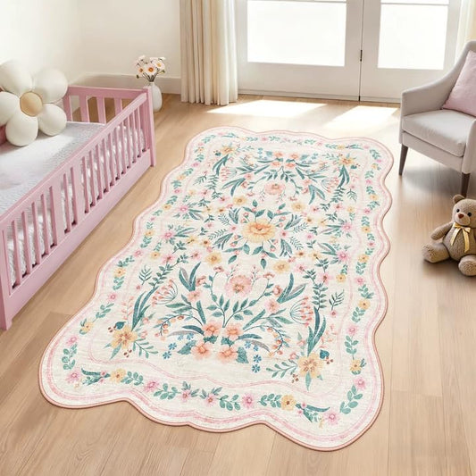 Pink Floral Rug 3X5 for Girls Bedroom or Nursery, Scalloped Washable Non-Slip Area Rug, Cute Soft Boho Carpet for Kids Room, Dorm, or Playroom - color: Pink Scalloped, size: 3' x 5' (Rectangular)