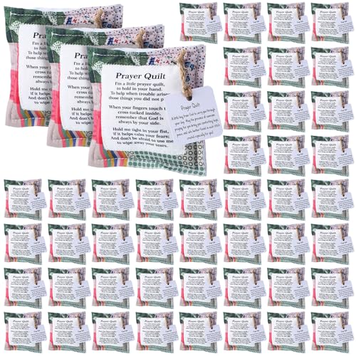 Fanfanwin 48 Pcs Mini Prayer Quilt Squares with Cross Inside, Vintage Pocket Scripture Quilt, Sympathy Christian Gifts for Women, Pastor Appreciation, Great for Christmas