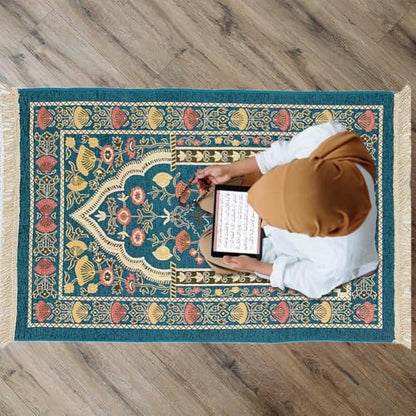 Muslim Prayer Rug, Soft Plush Thin Islamic Prayer Mat, Travel Janamaz, Sajada Tassel Praying Carpet, Ramadan Eid Hajj Gift - color: Green