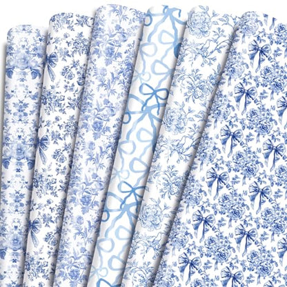 Keluna Blue Bow Flower Wrapping Paper - 12 Pcs Chinoiserie Light Blue Wrapping Paper for Baby Shower Girls Birthday Wedding Bridal Shower Gift Wrap Supplies - color: Chinoiserie flower