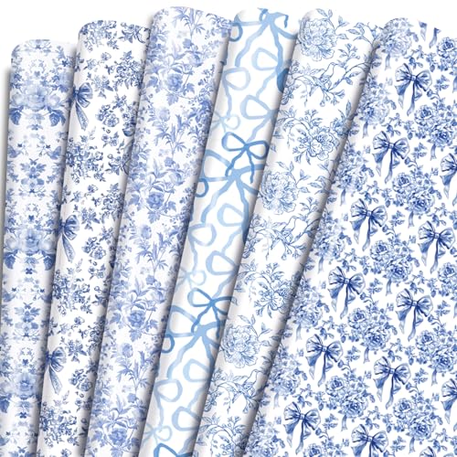 Keluna Blue Bow Flower Wrapping Paper - 12 Pcs Chinoiserie Light Blue Wrapping Paper for Baby Shower Girls Birthday Wedding Bridal Shower Gift Wrap Supplies - color: Chinoiserie flower
