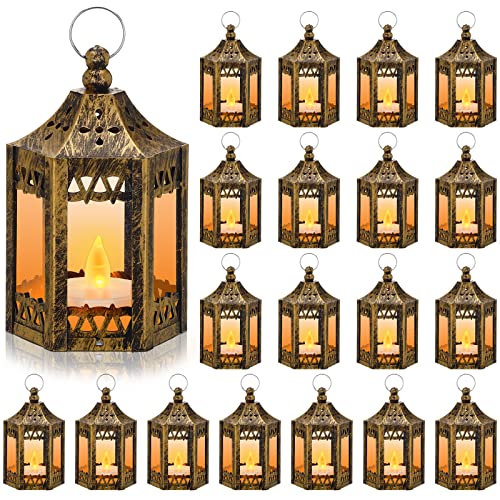 Hortsun 20 Pcs Mini Vintage Lantern Decorative Wedding Table Centerpiece LED Candles Lamp Battery Powered Hanging Tealight Lantern for Home Indoor Outdoor Party Decor(Gold) - color: Gold