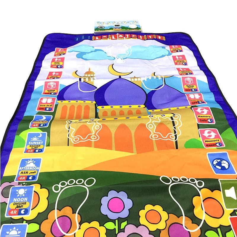 Sanyi Kids Muslim Prayer Rug - Electronic Islamic Prayer Carpet Mat, Teaching Talking Music Mat with Worship Step Guide for Kids Toddlers, 6/7 Languages, 43.3 x 27.5 Inch (Blue)