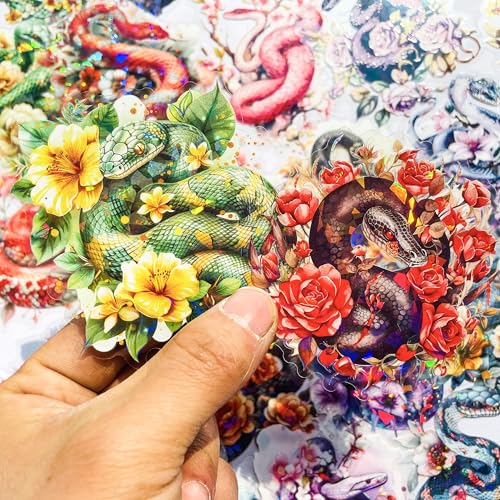 30-Pack Large Holographic Floral Snake Reptile Clear Scrapbook Stickers – Vibrant Serpent Decals with Flowers for Journals, Laptops, Water Bottles, Resin Art Projects - color: Floral Snake