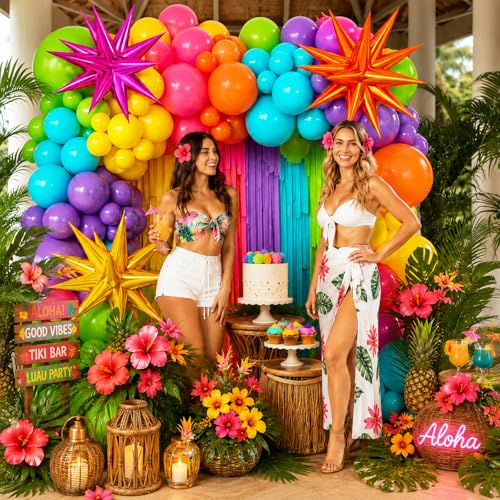 Summer Tropical Balloon Arch Kit for 4D Star Foil Balloons Hot Pink Green - color: -Topical