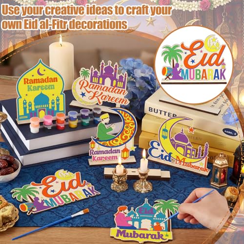 DoubleFill 16 Pcs Wooden Islamic Crafts, DIY Mubarak Tabletop Signs with Paint Strips and Brushes, Paint Your Own Muslim School Classroom Art Activity Kit for Mosque Party Home Decor, Back to School - style: Ramadan