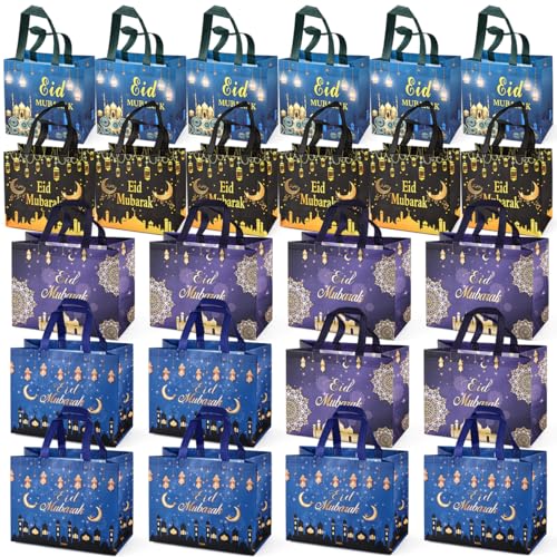 PARSUP 24PCS Eid Mubarak Reusable Gift Bags, Assorted Sizes Treat Bags with Handles, Eid Mubarak Party Bags, Multifunctional Non-Woven Eid Bags for Gifts Wrapping, Eid Party Supplies