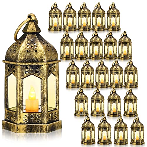 Hortsun 24 Pcs Mini Lantern Decorative with Flickering LED Candle Vintage Hanging Lanterns Battery Powered Light Wedding Diwali Halloween Christmas Centerpiece for Camping Garden Party Decor(Gold) - color: Gold