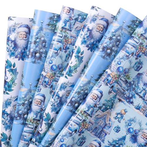 RUSPEPA Christmas Wrapping Paper Sheets, Blue White Santa Claus, Snowy House, Christmas Tree Design, Vintage Gift Wrap for Xmas, Holiday, Birthday, Wedding, 6 Folded Sheets, 19.68 X 27.5 Inch - color: Blue Santa