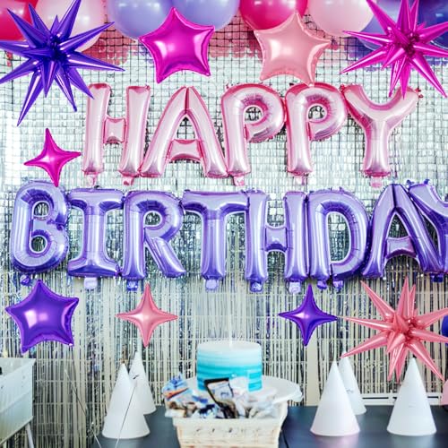 Hot Pink Purple Star Balloons,16Pcs 22/18/10 Inch Foil Princess Decorations - color: Hot Pink Purple