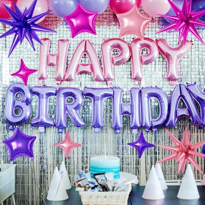 Hot Pink Purple Star Balloons,16Pcs 22/18/10 Inch Foil Princess Decorations - color: Hot Pink Purple