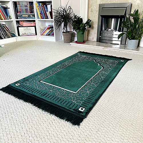 Mihrab Patterned Original Luxury Velvet Prayer Mat/Rug- 750g Weight | Made in Turkey (Parliament Green) - color: Parliament Green