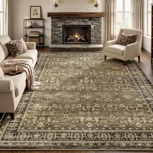 Brown Farmhouse Area Rugs 8x10, Washable Upgraded Non-Slip Living Room Rug, Vintage Distressed Floral Print Pattern Low Pile Carpet for Bedroom, Dining Room, Home Office, Kitchen，Walnut Taupe - color: Walnut Taupe, size: 8' x 10' (Rectangular)