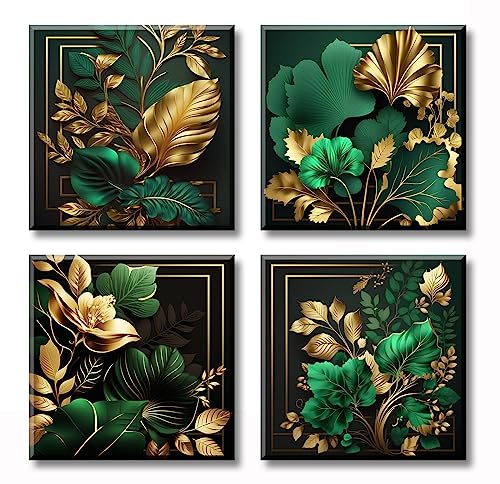 DJSYLIFE Green and Gold Tropical Plant Leaves Canvas Wall Art 12x12 Inch - color: Plant, size: 12"L x 12"W x 4 Pieces