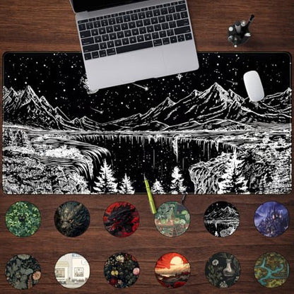 Black and White Desk Mat Dark Nature Forest Mouse pad XXL Starry Night Mountain Desk pad Aesthetic Moon and Stars Mousepad XXL for Laptop Computer Mouse Gaming Keyboard Mat, 31.5 X 15.8 in - color: Night Painting