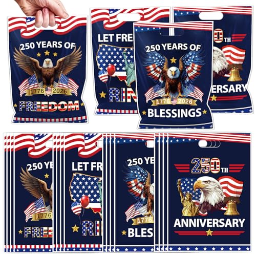 Falueqg American 250 Anniversary Party Favors - 100 Pcs 4th of July Goodie Candy Gift Bags 1776-2026 USA 250 Years of Freedom Party Favors for American 250th Birthday Independence Day Decorations - color: 250th Anniversary