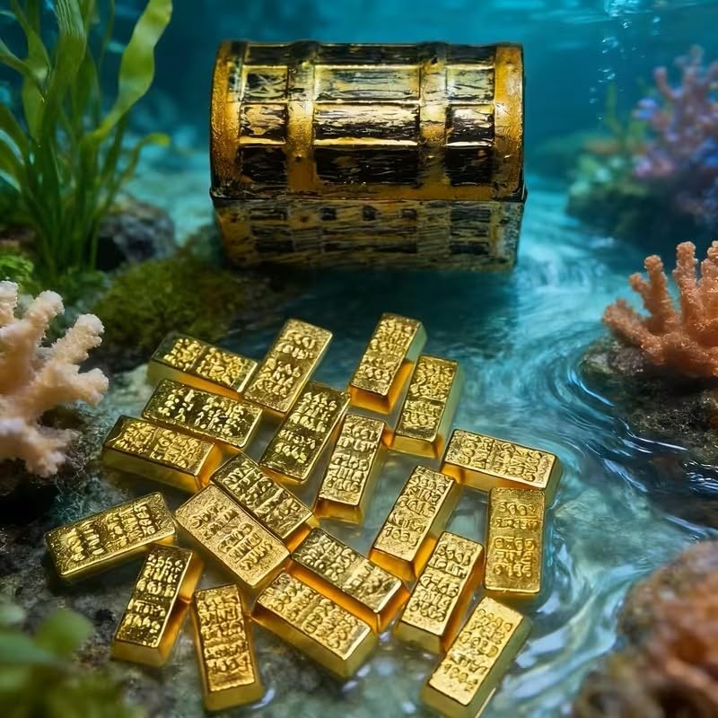 Metal Pirate Treasure Chest Aquarium Decor, Mini Treasure Box with Golden Coins & Bars, Lockable Fish Tank Accessory for Goldfish and Aquatic Plants Decoration