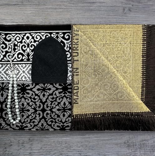ESERRA Velvet Prayer Mat All in One Set for Islam - Thick Muslim Prayer Rug, Black Kufi Hat, Jasper Stone 33 Prayer Beads, Cotton Travel Case - Islamic Gifts (Dark Brown) - color: Dark Brown