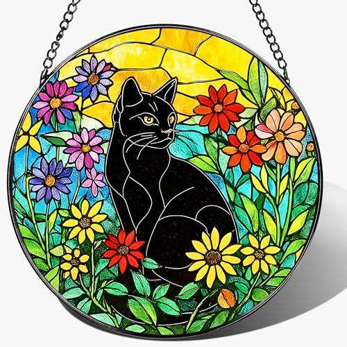 Black Cat Stained Glass Window Hanging, 8 Inch Sun Catchers Indoor Window, Suncatchers for Windows Hanging, Home Decor and Christmas, Festival, Mother's Day, Birthday, Gifts for Women, Men, Cat Lovers - color: Black Cat