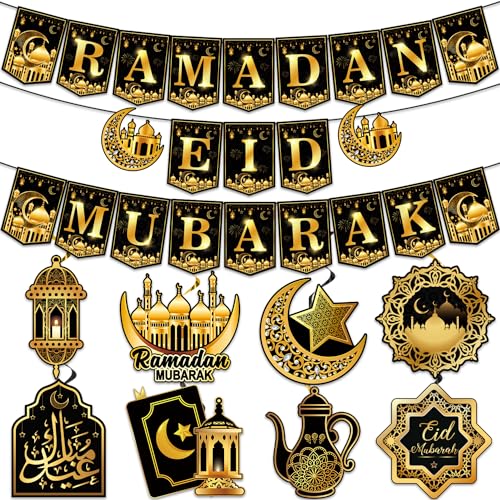 2 in 1 Ramadan nd Eid Decorations, NO-DIY Ramadan Mubarak Decorations Includes Ramadan Eid Banner and Ramadan Decorations Hanging Swirls, Eid Mubarak Decorations Ramadan Decorations for Home