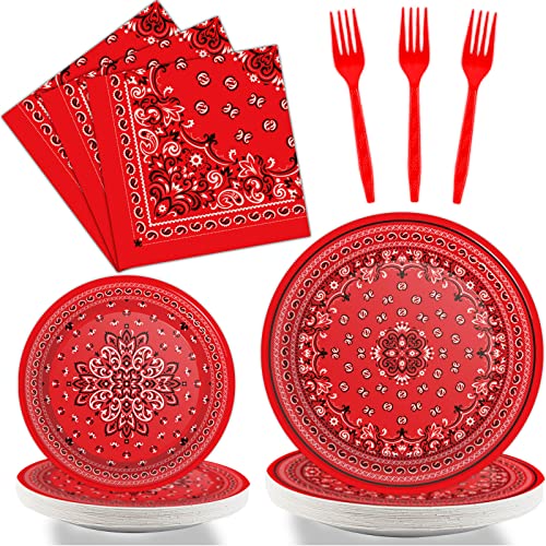 96 Pcs Red Bandana Western Party Plates Napkins Tableware Set Paisley Cowboy Cowgirl Farm Themed Supplies Disposable Dinnerware Western Decoration Favors for Kids Baby Shower Birthday, 24 Guests - style: Red Bandana Western Party