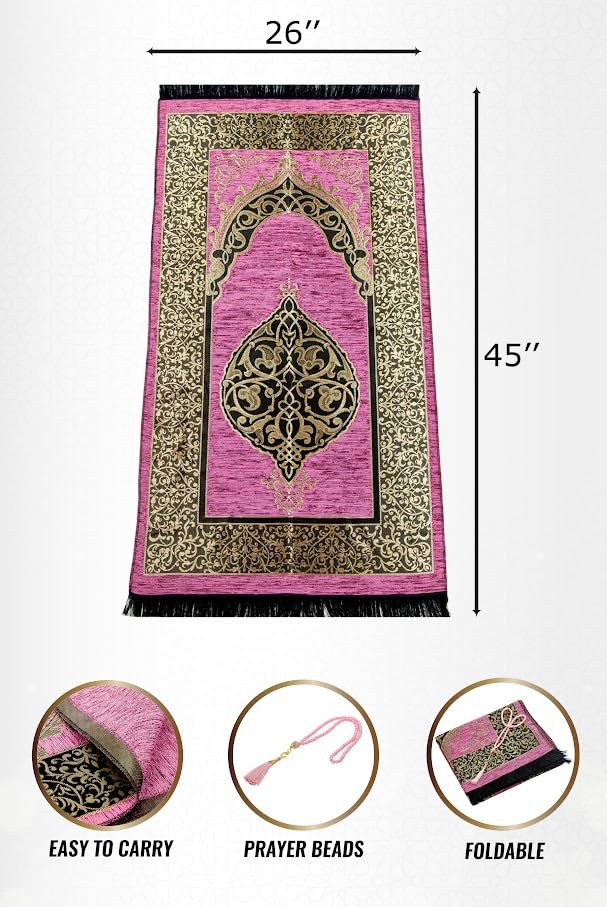 ihvan online Muslim Prayer Rug with 99 Beads Tasbih, Soft Chenille Sajadah, Lightweight & Foldable Janamaz, Portable Travel Prayer Mat, Islamic Gift for Eid, Ramadan, Hajj & Umrah, Rose - color: Rose
