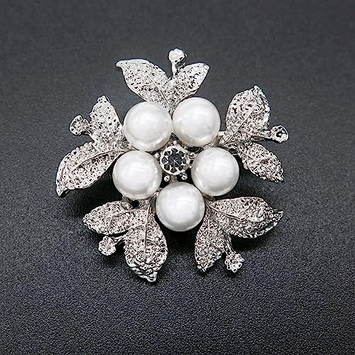 Crystal Pearl Flower Brooches Pins Fashion Beautiful Created Rhinestone Floral Brooch Good Idea for Party Dance Wedding Banquet for Elegant Women Girl - color: Silver Pearl Flower
