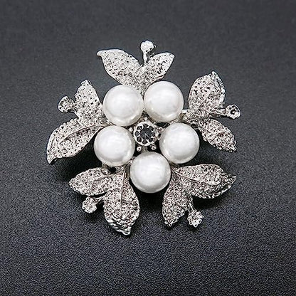Crystal Pearl Flower Brooches Pins Fashion Beautiful Created Rhinestone Floral Brooch Good Idea for Party Dance Wedding Banquet for Elegant Women Girl - color: Silver Pearl Flower