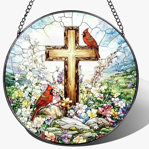 Stained Glass Window Hanging, 8" Cardinal Suncatcher, Christian Cross Window Hanging Decor, Religious Home Decor, Religious Gift, Christian Gift, Memorial Gifts, Sympathy Gifts for Loss of Loved One - color: Cross