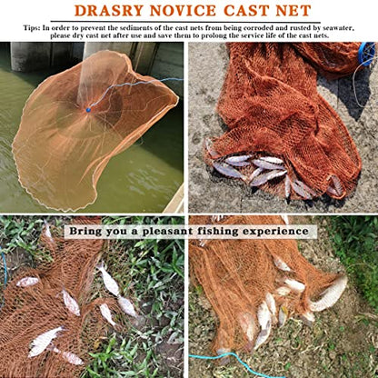 Saltwater American Fishing Cast Net 3/8inch Mesh Size for Bait Shrimp Trap Fish Heavy Duty Sinkers Throw Net 3FT/4FT/5FT/6FT/7FT/8FT/9FT/10FT Radius - color: yellow, size: 6FT Radius, style: Zinc-iron--tire Lines -3/8" Mesh 1lb/Ft