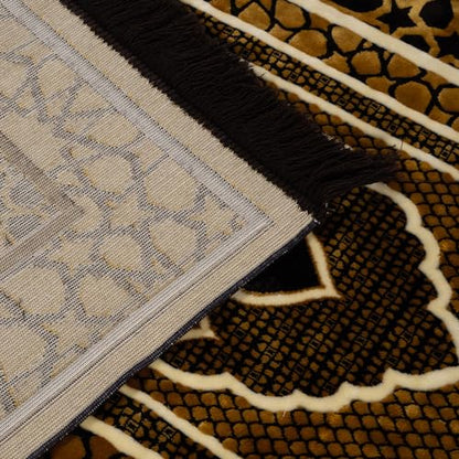 Modefa Turkish Islamic Prayer Rug - Comfortable Muslim Praying Mat for Men & Women - Soft Velvet Janamaz Praying Carpet - Ramadan or Eid Gift - with Kufi Prayer Cap - Plush Saray (Black/Gold)