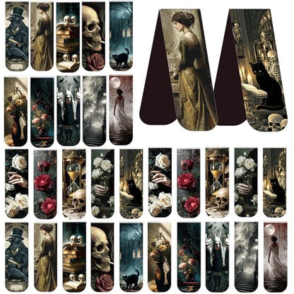 Dark Academia Magnetic Bookmarks for Women, 30 Pcs Gothic Witchy Book Marks with Aesthetic Skull Rose Castle Designs, Magnet Book Marker Clips for Readers and Book Lovers - style: Dark Academia 01