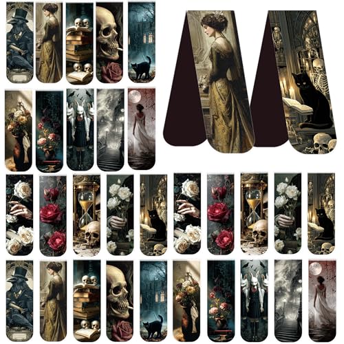 Dark Academia Magnetic Bookmarks for Women, 30 Pcs Gothic Witchy Book Marks with Aesthetic Skull Rose Castle Designs, Magnet Book Marker Clips for Readers and Book Lovers - style: Dark Academia 01