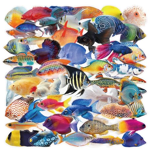 50PCS Clear Tropical Marine Life Ocean Stickers PET Fish Aesthetic Sticker for Journaling Junk Journal Scrapbook Supplies Waterproof Transparent Fishing Decals for Resin Crafts Decorative(Fishes) - color: Fishes