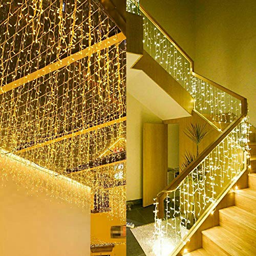 ZIMINGU Icicle Diwali Lights Outdoor, Christmas Hanging Window Curtains Dangling 16.4FT 216LEDs 8 Modes Weeping Willow Ceiling Fairy String Lights, Warm White, 5M - color: Warm White