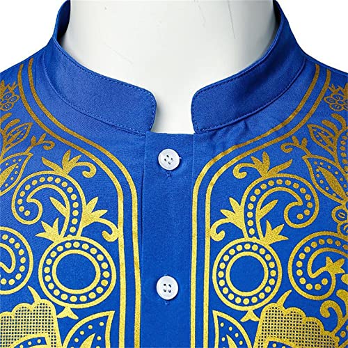 Kurta for Men Muslim Kaftan Button Up Henley Shirts Casual Ethnic Printed Long Sleeve Thobe Caftans Robes - color: Blue, size: Large