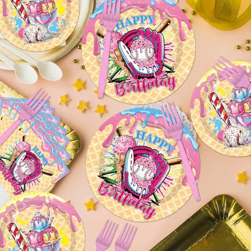 EUOYUFO 96피스 아이스크림 파티 장식 식기 세트 아이스크림 야구 드립 생일 축하 종이 접시 냅킨 포크 야구 스포츠 팀 테마 생일 파티 용품 24인용 - color: 야구 드립 생일