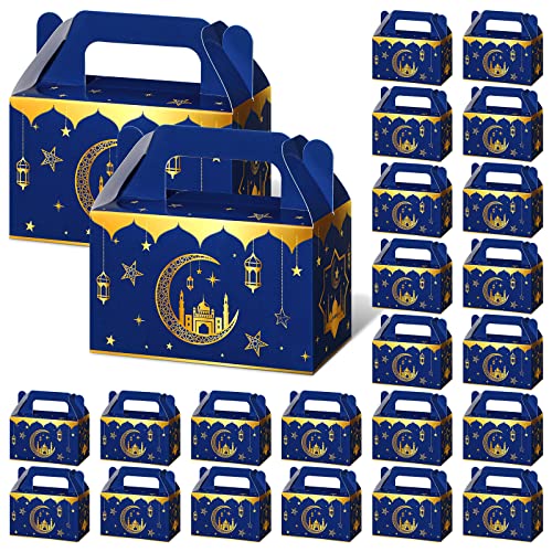 TaoBary 24 Pack Ramadan Eid Gift Bags Muslin Mubarak Ramadan Favor Boxes Foldable Eid Mubarak Candy Goodie Paper Present Boxes(Blue and Gold)