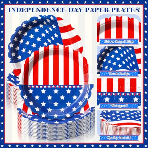Funnymoom 96 Pcs 4th of July Tableware Set for 48 Guests Include 48 Pcs 7 Inch Dessert Plates and 48 Napkins Patriotic American Star Flag Dinnerware for 250th Anniversary Independence Day Party - style: Americana