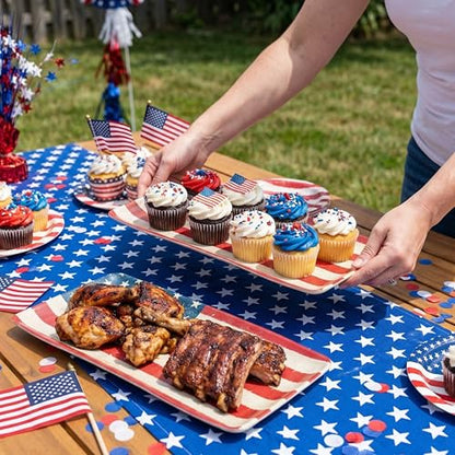 KINGEN American Flag Serving Platter, Rectangular 15inch Serving Dishes Set of 2 for Entertaining, Durable & Dishwasher Safe, Bamboo Serving trays for party, Cheese, 4th of July Series, Red White Blue