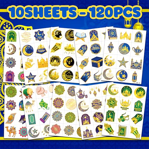 120 PCS Pre-Cut Happy Eid Mubarak Temporary Tattoos for Kids Party Favors | Super Cute Ramadan Al Fitr Themed Birthday Supplies, Decorations, Fake Tattoo Stickers, School Rewards & Gifts Boys & Girls