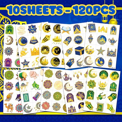 120 PCS Pre-Cut Happy Eid Mubarak Temporary Tattoos for Kids Party Favors | Super Cute Ramadan Al Fitr Themed Birthday Supplies, Decorations, Fake Tattoo Stickers, School Rewards & Gifts Boys & Girls