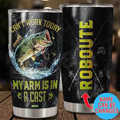 WAZONE Personalized Fishing Tumbler Can't Work Today My Arm Is In A Cast Stainless Steel 20oz 30oz Coffee Travel Mug Birthday Christmas Customized Gifts Name for Men Fisherman Fishing Lovers - color: Fishing