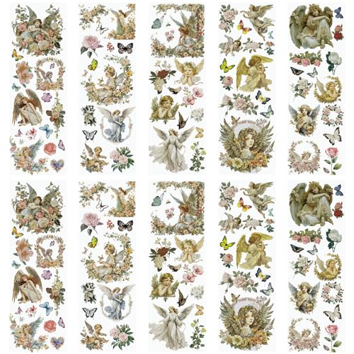 WANDIC 10 Sheets Rub On Transfer Stickers, Vintage Flower Decals Angel Theme Transfer Stickers for Furniture Table Water Bottle DIY Craft, 11.8 * 3.9in - color: Angel