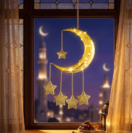 Ramadan Lights Home Decorations, Gold Metal Crescent Moon Hanging Star Lights, Battery Powered Wall Celestial Lamp, Eid Mubarak Bedroom Childrens' Room Window Door Decor, Islamic Muslim Gifts