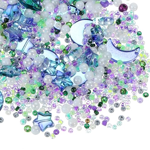 uxcell 110Pcs Star Moon Beads, Star Moon Acrylic Pearl Beads Crystal Glass Spacer Bead for DIY Making Jewelry Bracelets Craft, Green Purple - color: Green Purple