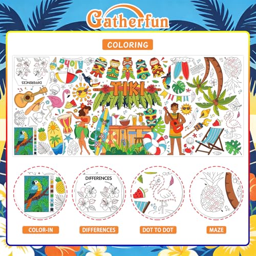 Gatherfun Hawaiian Luau Party 자이언트 컬러링 식탁보, 80.9 x 182.9cm(31.5 x 72인치), 하와이안 파티 장식, 티키 파티 장식, 학교 파티용 컬러링 테이블 커버 - style: TIKI