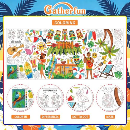 Gatherfun Hawaiian Luau Party 자이언트 컬러링 식탁보, 80.9 x 182.9cm(31.5 x 72인치), 하와이안 파티 장식, 티키 파티 장식, 학교 파티용 컬러링 테이블 커버 - style: TIKI