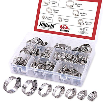 Hilitchi 60 Piece Adjustable 8-38mm Range Stainless Steel Worm Gear Hose Clamps Assortment Kit